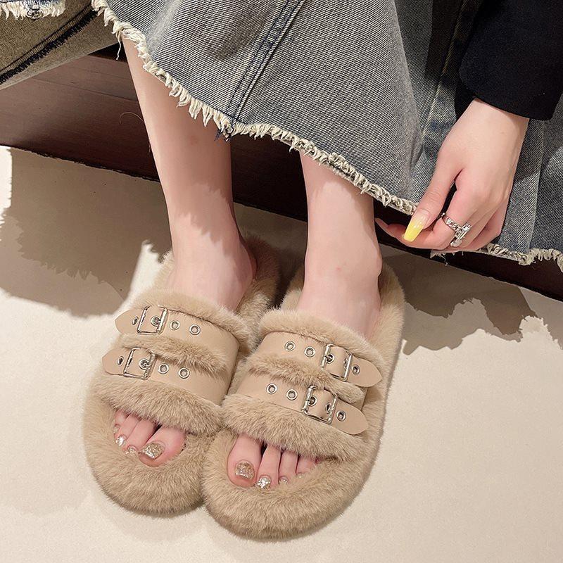 Mao Mao Soft-soled Slippers Wear Women's New Stepping Feeling Versatile Shit Light Luxury Autumn and Winter Fashion Black Thick Bottom Lightweight 202