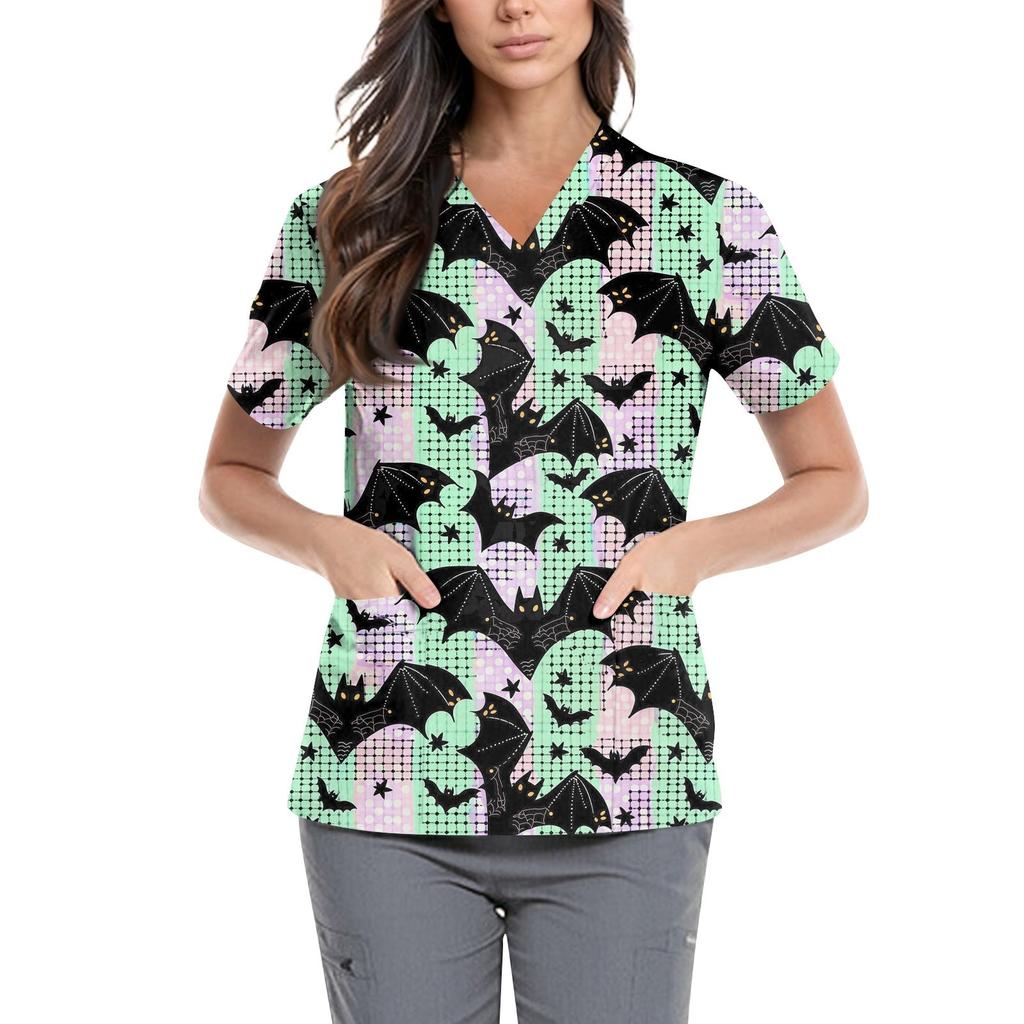 Damskie urocze ubrania do pracy z nadrukiem dekolt V podwójna warstwa kieszenie podstawowy top z krótkim rękawem wkładany Walentynki