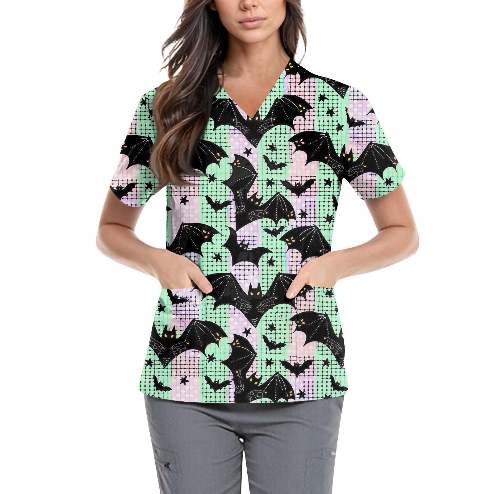 

Женская симпатичная принтованная рабочая одежда с V-образным вырезом, двухслойными карманами, базовым коротким рукавом, пуловером ко Дню святого Валентина L