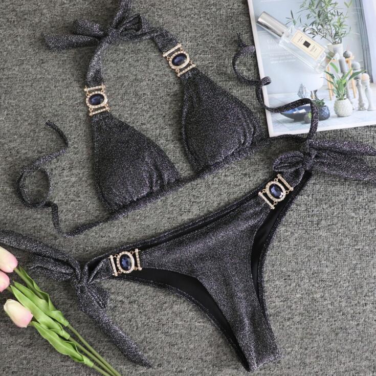 

MAITA сексуальный блестящий купальник из специальной ткани с кристаллами и бриллиантами, бикини S чёрный