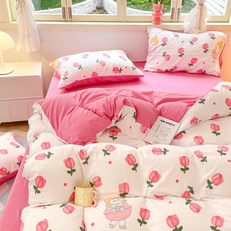 Class A Maternal And Infant Grade Washed Cotton Four-Piece Set Cotton Cartoon Small Fresh Pure Cotton Mattress Quilt Cover 3Pcs Set