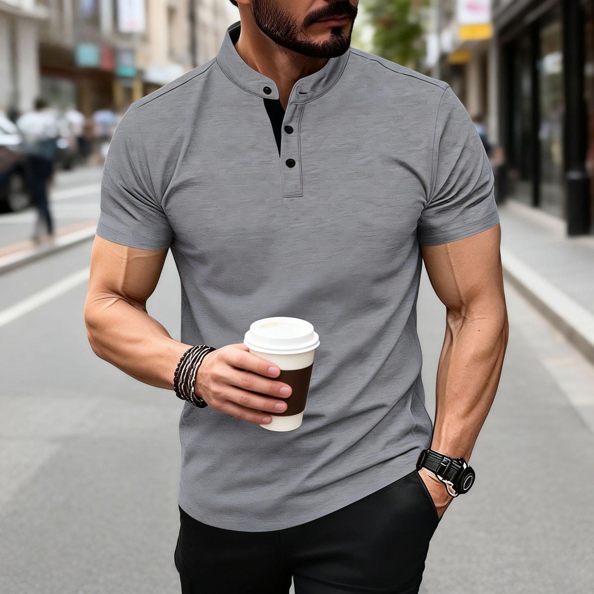 Men Solid Color Short Sleeve Sports Casual Polo Shirt XXL серый