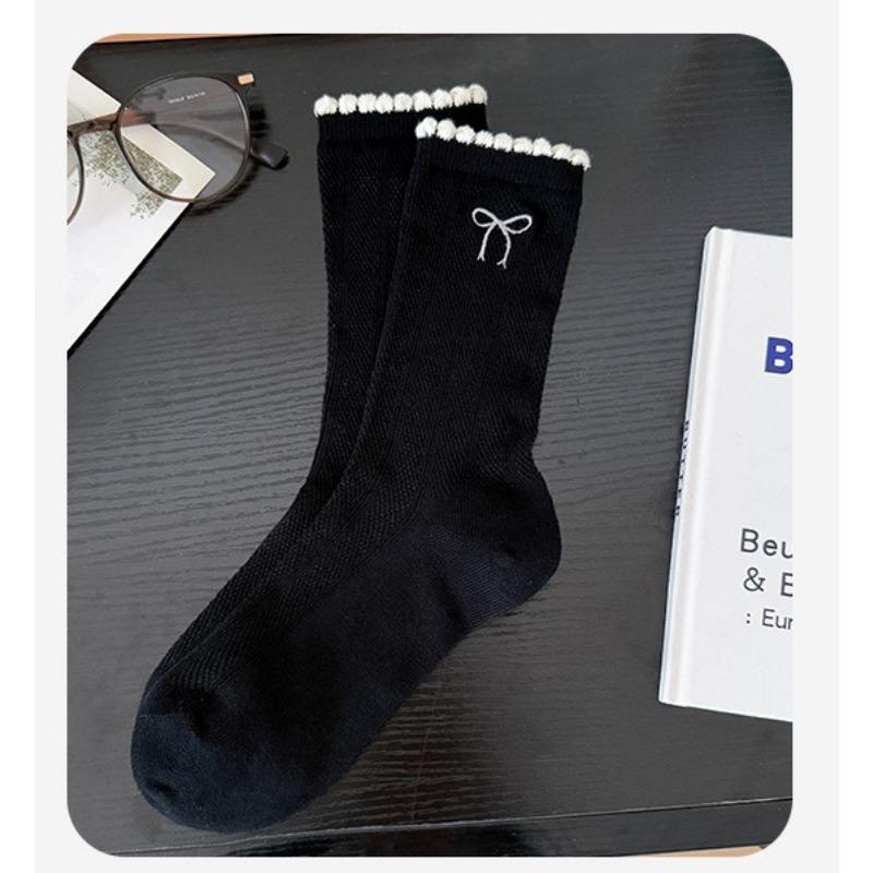 

Летние носки женские в школьном стиле с бантом, тонкие дышащие носки, бесшовные носки до середины икры против образования катышков 1 pair чёрный