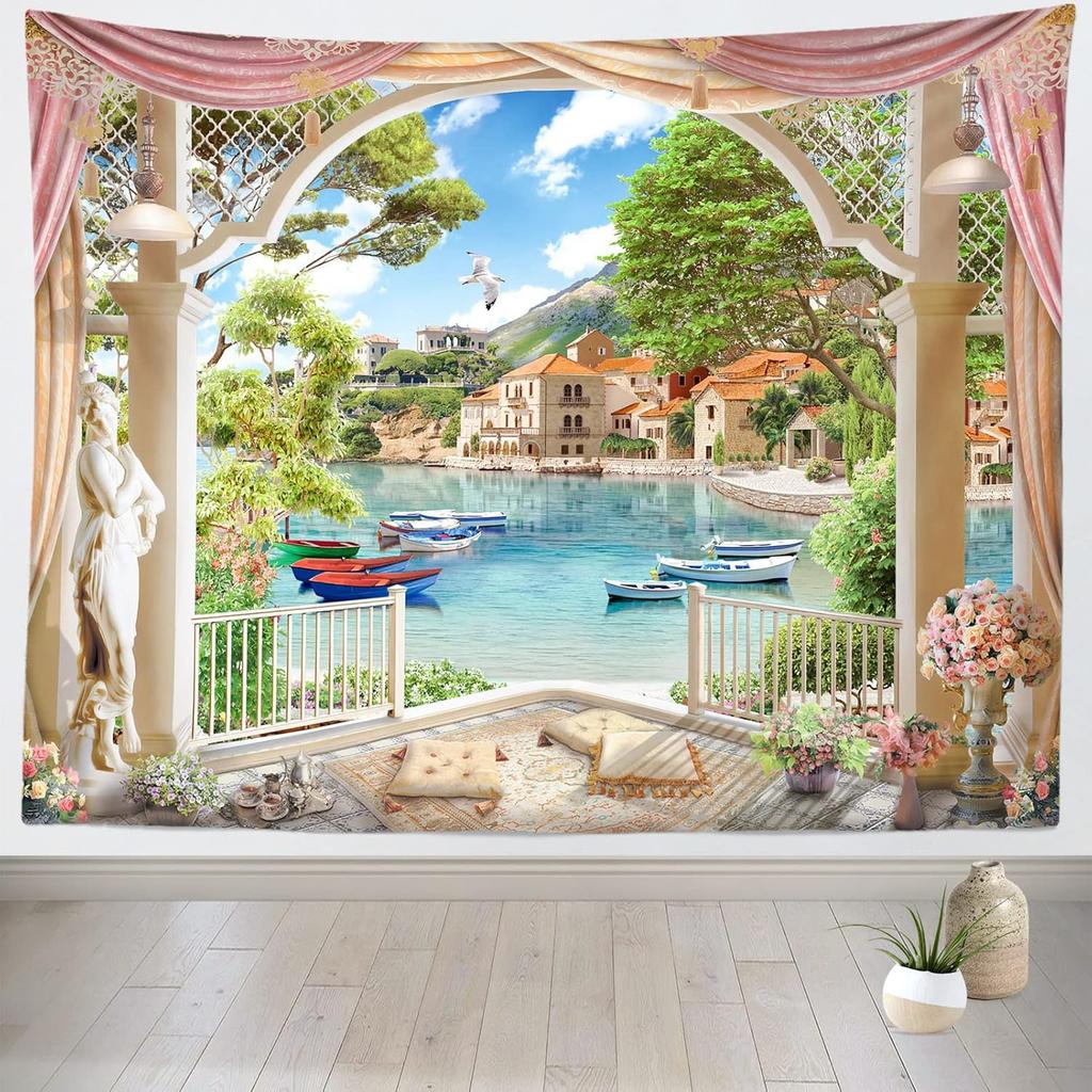 European Palace Garden Tapestry Hanging Fairy Castle Mountain Waterfalls Nature Tapestry Vintage Columns Floral Arch Scenery