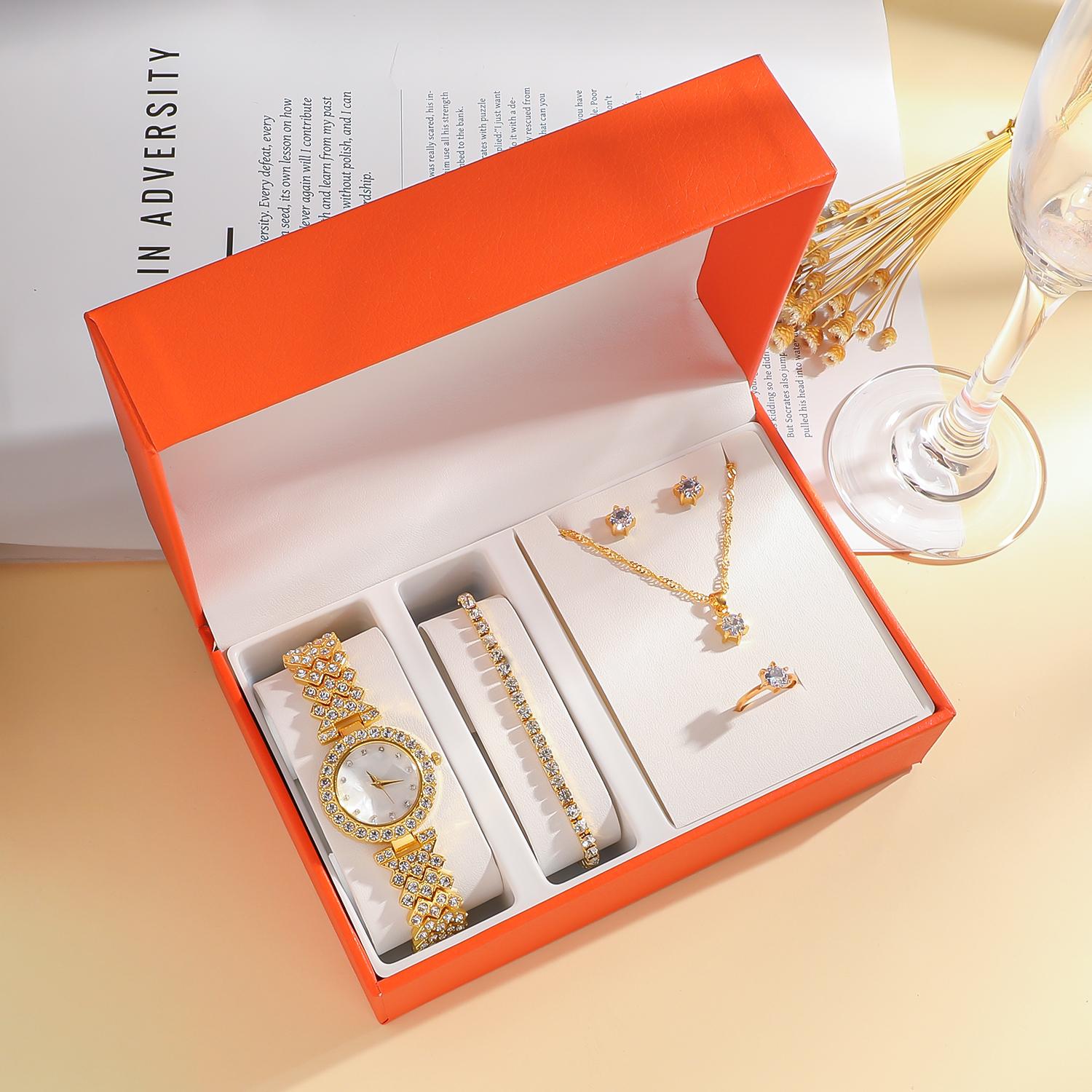 

5-piece set of popular round dial full diamond women s quartz watch wristband accessories without gift box золотой