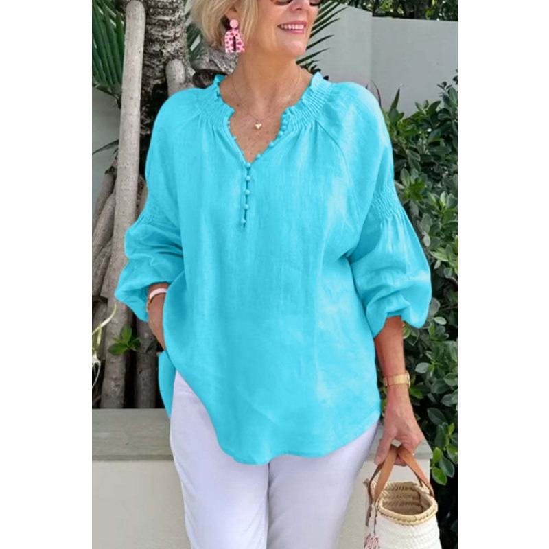 Womens Linen V Neck Pom Pom Detail Lantern Sleeve Blouse Casual Loose Top