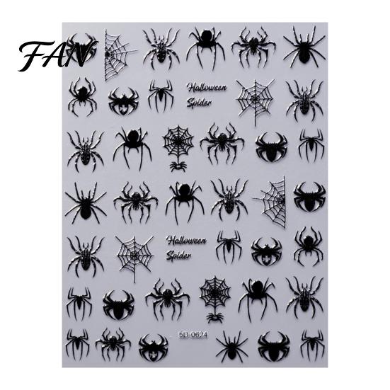 Long Lasting Nail Manicure Sets Halloween Art Stickers, 3D Embossed Skeleton Hand Pumpkin Bat Party Decorations Black Decals, Self-Adhesive