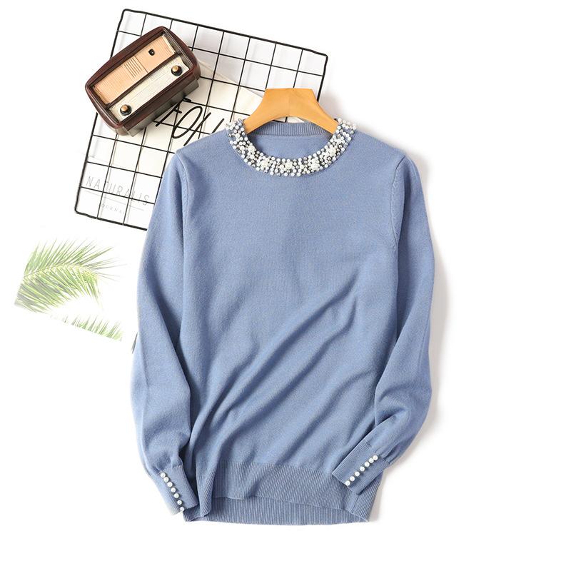 Autumn Winter Bead Pullover Sweater Women's O Neck Long Sleeve Solid Color Loose Knitwear Tops