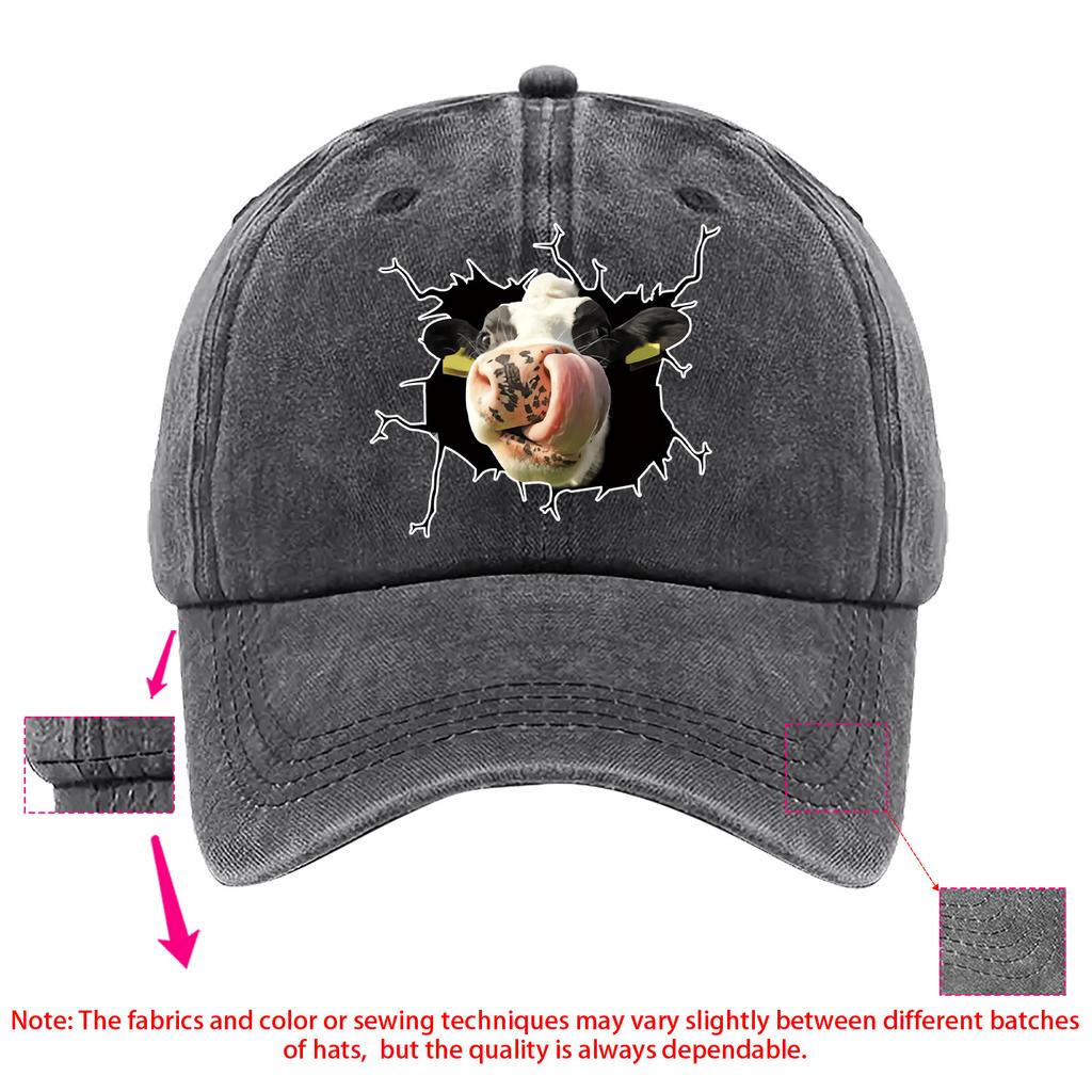 Funny Licking Cow Breaking Through Denim Baseball Cap Unisex Casual Washed Adjustable Farm Hat