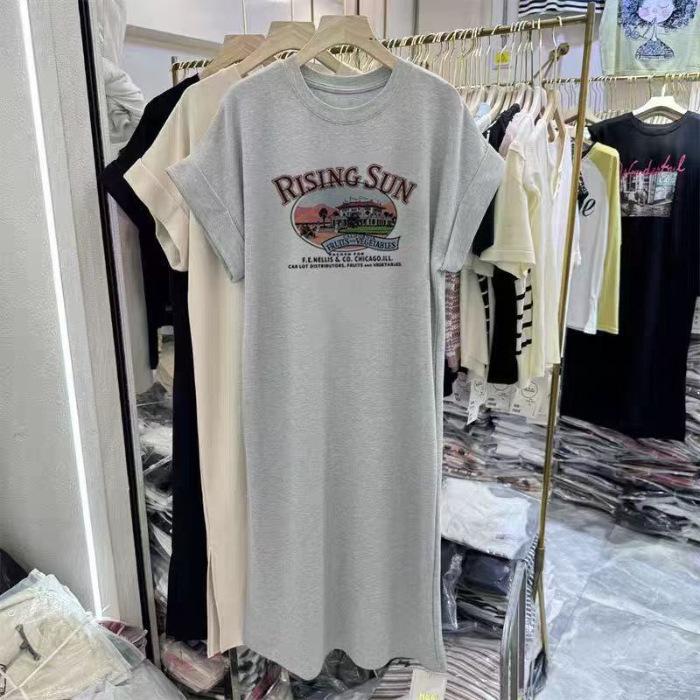 Letter-printed Korean-style Short-sleeved T-shirt Dress for Women, Loose and Casual, Plus-size Small Flying Sleeve Slit Dress, Long Dress for Summer