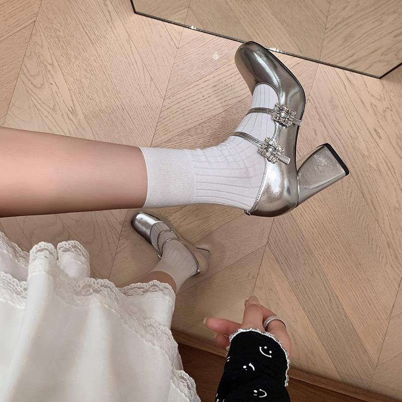 French temperament rhinestone thick heel Mary Jane shoes silver high heels light mouth square head button with skirt single shoes women