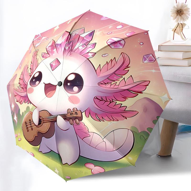 1pc Cute Axolotl Playing Guitar Automatic Opening and Closing Umbrella - Small Umbrella Suitable for Various Occasions, Portable 3-Fold Smal