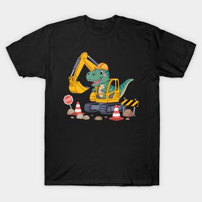 Asian Size Men Print T-shirt Dinosaur Construction Worker Excavator Truck Cute Birthday No-Cut Heat Transfer Print Cotton Tshirt
