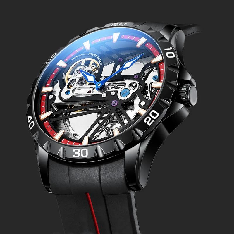 AILANG Luxury Brand Sport Waterproof Automatic Mechanical Watches Luminous Skeleton Stainless Steel Case MOTORCYCLE DESIGN