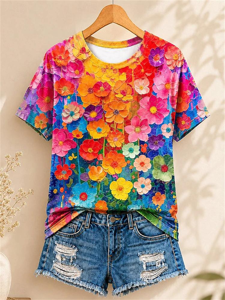 Women's Simple and Versatile Casual Short-Sleeve Floral Print Round-Neck Elegant T-Shirt Stylish Loose-Fitting Women's Top