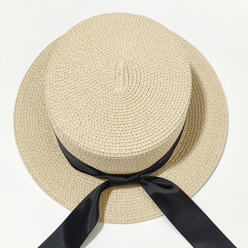 New summer straw hat encryption bow straw hat sun hat sun hat sun hat casual flat top hat versatile big eaves hat