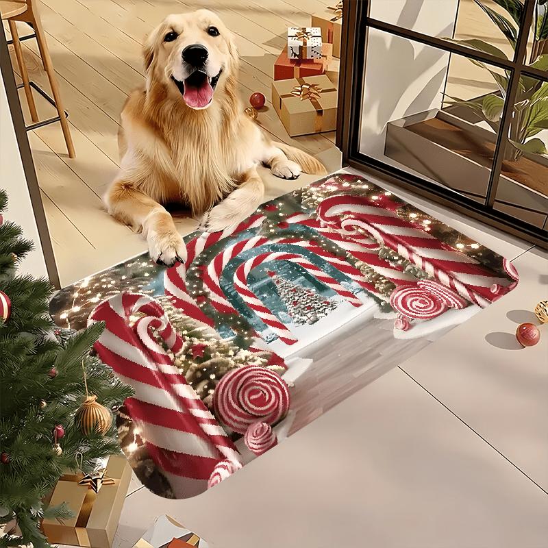 Candy Cane Christmas Welcome Doormat, Indoor Outdoor Flannel Non-Slip Mat for Kitchen Office Laundry Bathroom Holiday Decor