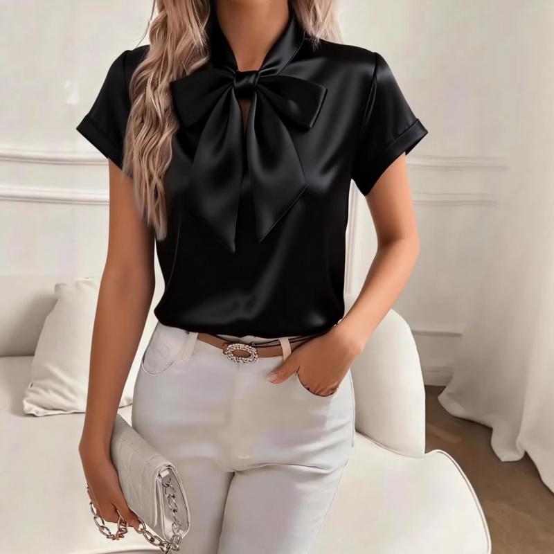 2026 Spring/Summer Solid Color Women's Short Sleeve Bow Satin Blouse Shirt Top