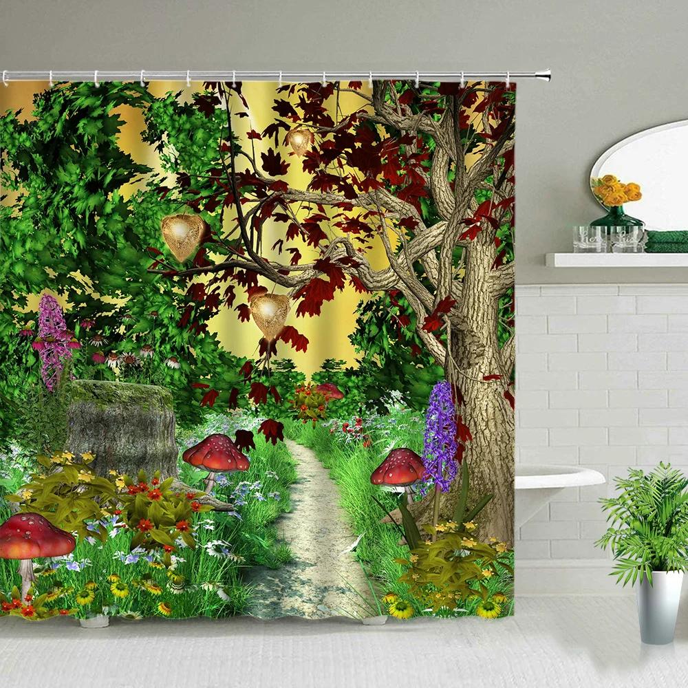 Beautiful Wing Elves Girl Shower Curtain Fantasy Enchanted Forest Bathroom Decor Deer Mushroom Flower Backdrop Hanging Curtains