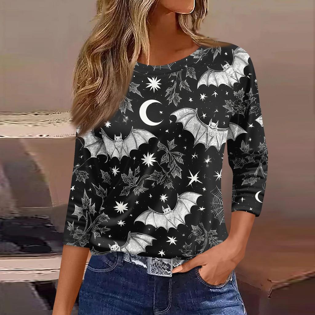 Women's Loose Fit Casual Halloween Print T-Shirt 3/4 Sleeve Round Neck Relaxed Fit Top for Everyday Wear