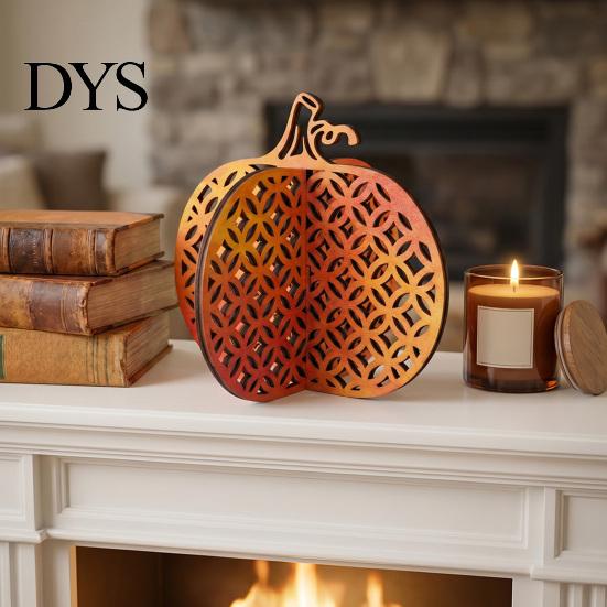 Orange Gradient Wooden Crafts Thanksgiving Pumpkin Decor, Vintage Striped Hollow Carved Ornament Indoor Fireplace Desktop Decor for Home Party, Rustic