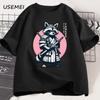Fight Me Coward Vintage Samurai Raccoon T Shirt Japanese Cat Funny Graphic T-shirt Cotton Short Sleeve O Neck Tees Mens Clothing