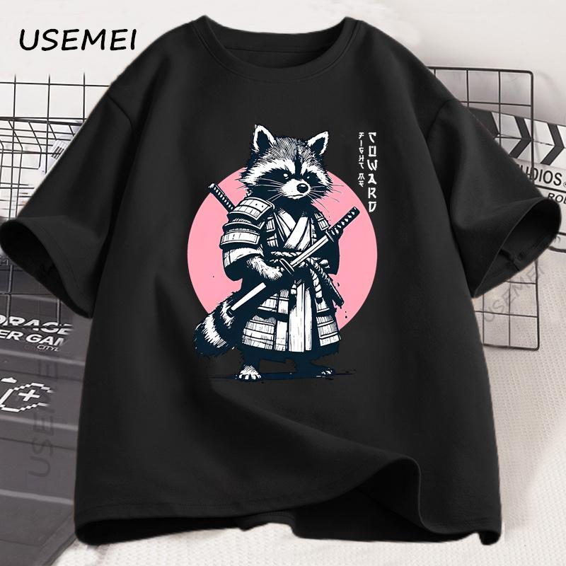 Fight Me Coward Vintage Samurai Raccoon T Shirt Japanese Cat Funny Graphic T-shirt Cotton Short Sleeve O Neck Tees Mens Clothing