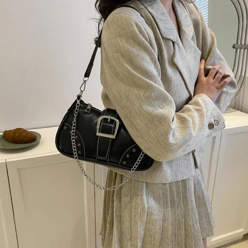Vintage Rivet Women's Shoulder Bags Solid Color Ladies Underarm Bag Fashi Chain Small Handbags PU Leather Female Tote Purse
