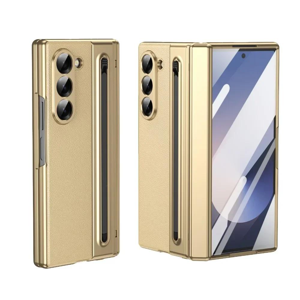 Samsung Galaxy Z Fold 7/6/5/4/3 Leather Phone Case with Steel Film Pen Slot Hinge Protection Shockproof Cover for Galaxy Z Fold