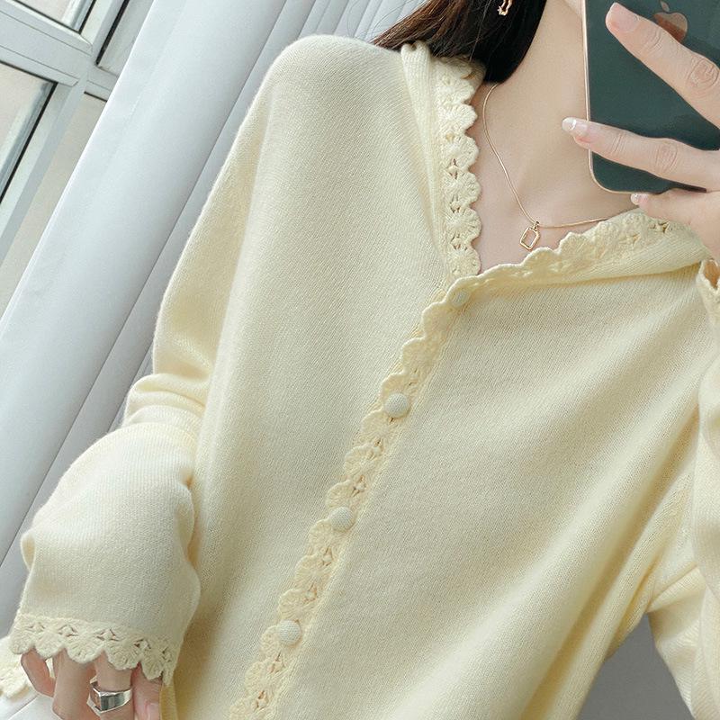 Women's 2025 Wool Knit Lace Button-Up Hooded Cardigan - Solid, Loose, Versatile Base Layer