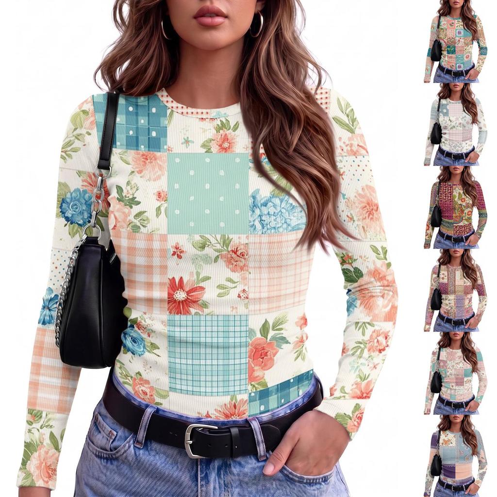 Women's Slim Fit Plaid Floral Print Long Sleeve Round Neck T-Shirt for Casual Wear
