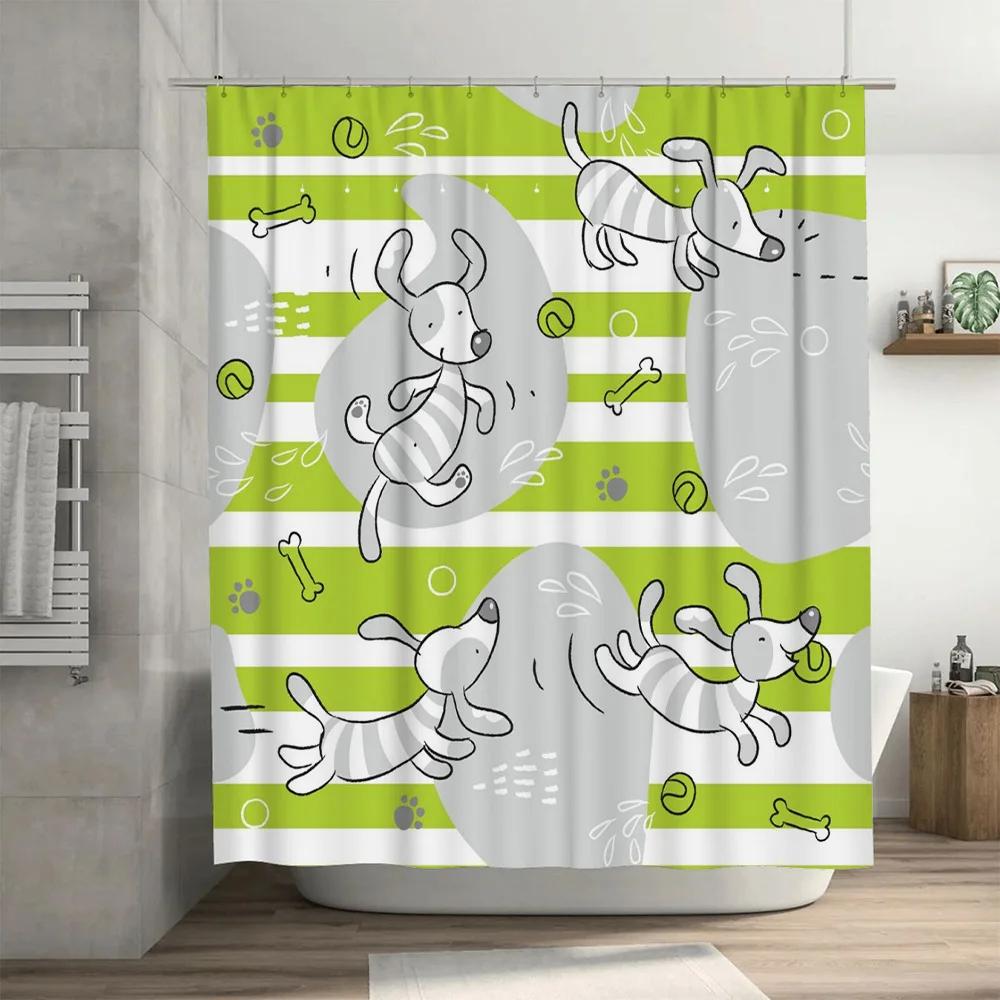 Green White Striped Dog Print Shower Curtain with Waterproof Fabric for Bathroom Decor Kids Room Decoration Home Accessories. (5