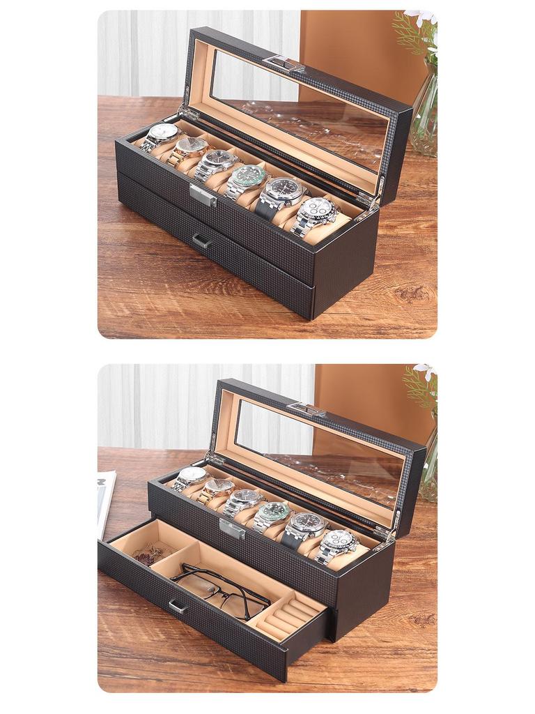 Carbon Fiber PU Double Layer Watch & Jewelry Storage Box - Holds 6 Watches & Cufflinks