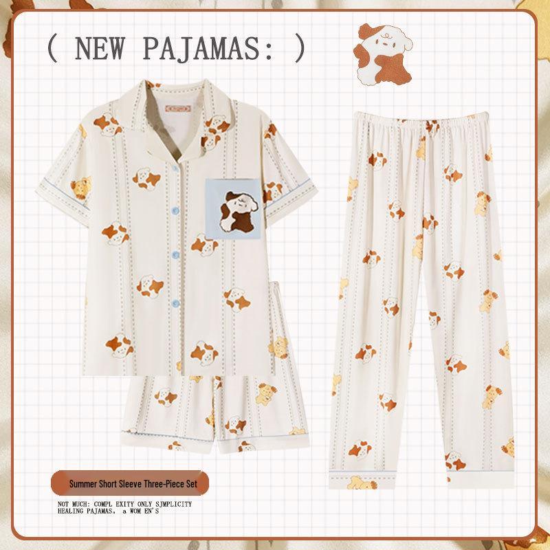 Pastoral Women's Pajama Set: Soft, Cute Rabbit Design, Short-Sleeve, Casual Three-Piece Loungewear.