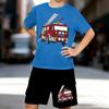 Boys 2 Piece Cartoon Fire Truck Printed Outfit, Short Sleeve T-Shirt and Shorts Set for Kids Age 5-14, Black and White Sporty Casual Summer Clothes