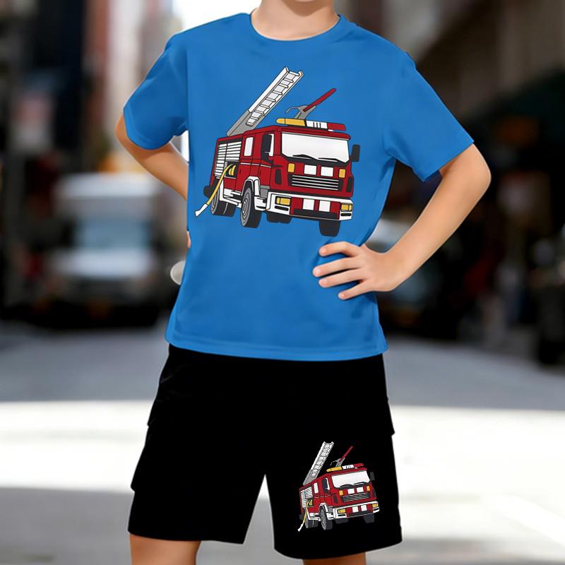 Boys 2 Piece Cartoon Fire Truck Printed Outfit, Short Sleeve T-Shirt and Shorts Set for Kids Age 5-14, Black and White Sporty Casual Summer Clothes