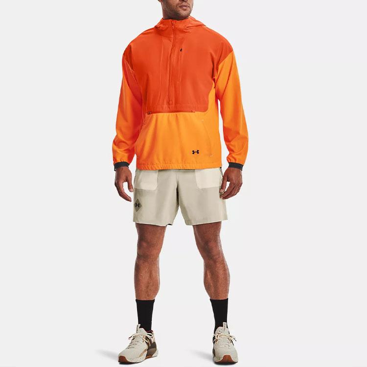 Under Armour Terrain Anorak Training Sports Color Block Logo Long Sleeve Half Zip Hooded Sweatshirt Jacket Men jackets Orange 1370507-825