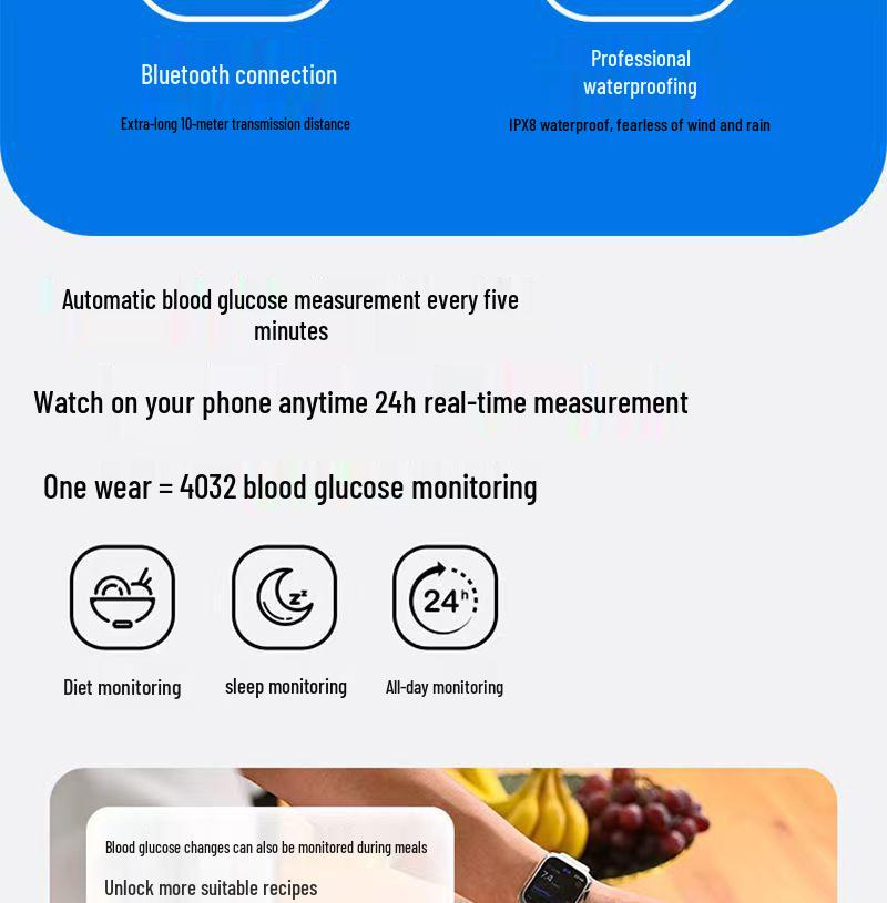 Outai M8 Smart Blood Glucose Monitor: High Precision, 24-Hour Continuous Tracking for Home Use.