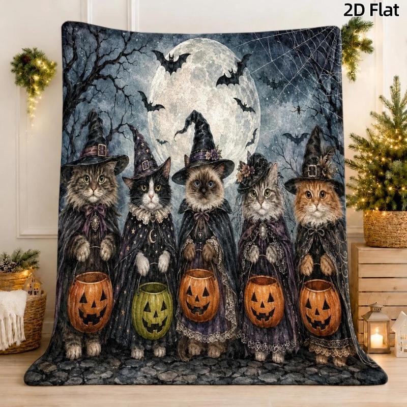 Witch Cat Full Moon Bat Print Throw Blanket, Vintage Halloween Decorative Throw Blanket for Indoor Home Usage