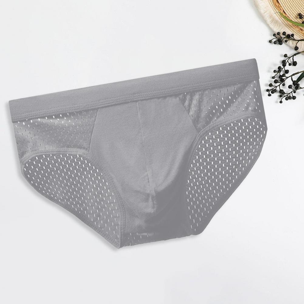 Men Briefs Mid-rise Elastic Waist Mesh Stitching Ice Silk Panties Breathable Solid Color U-Convex Underwear Daily Wear
