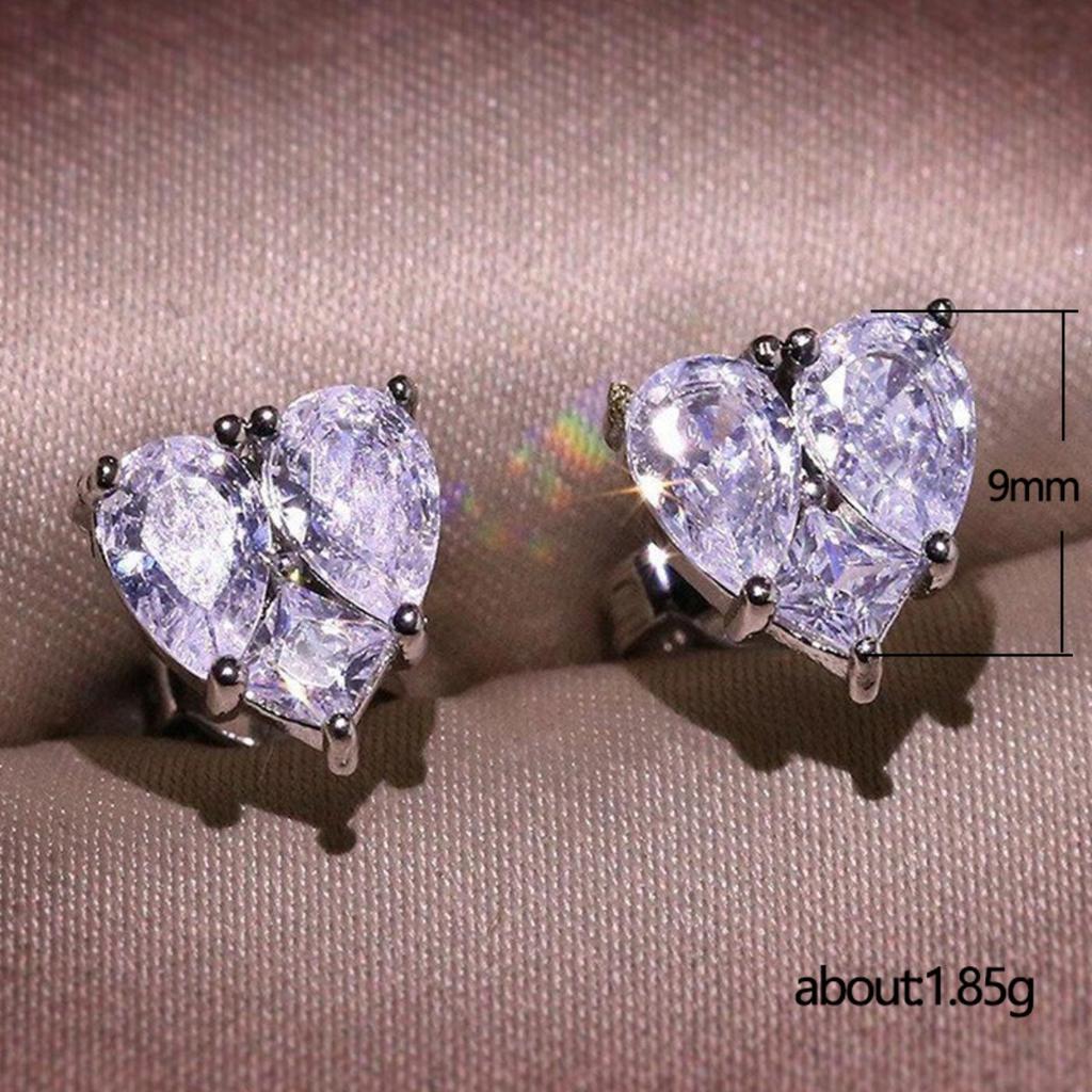 Two Pear Cut Stones Combined Heart Shaped Stud Earrings Prong Set Sparkling Small Ear Studs for Women Daily Romantic Jewelry