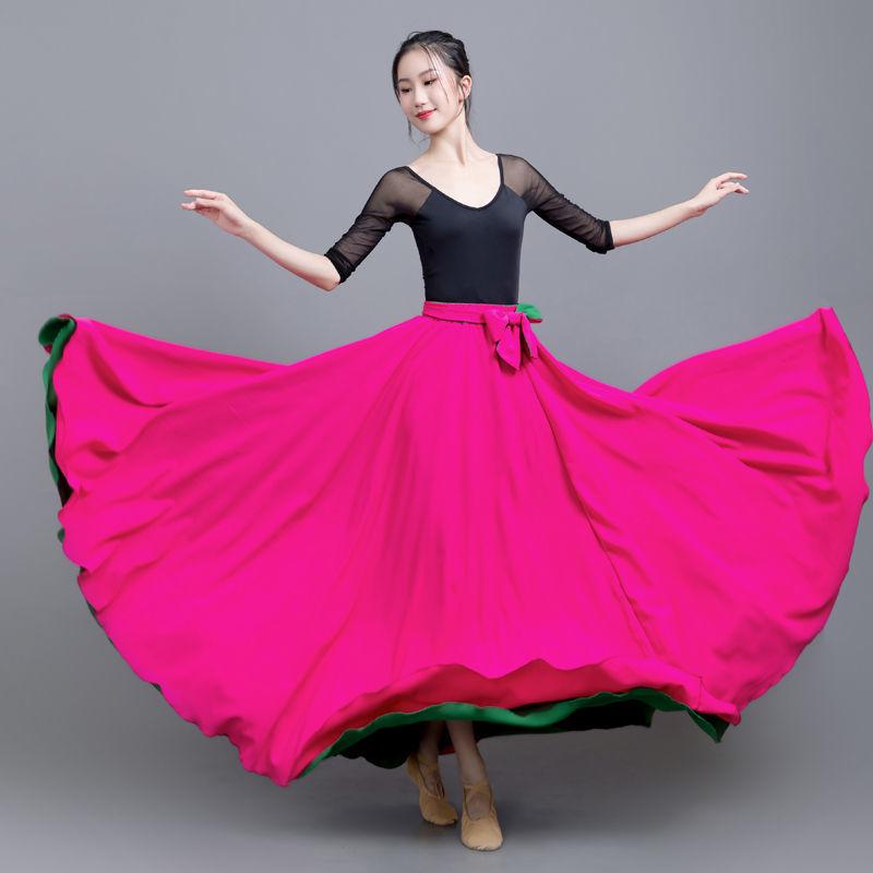 Two-Sided Chiffon Dance Skirt: Performance Long Dress with 540°/720° Swirl, Half-Body, Dual-Color Design