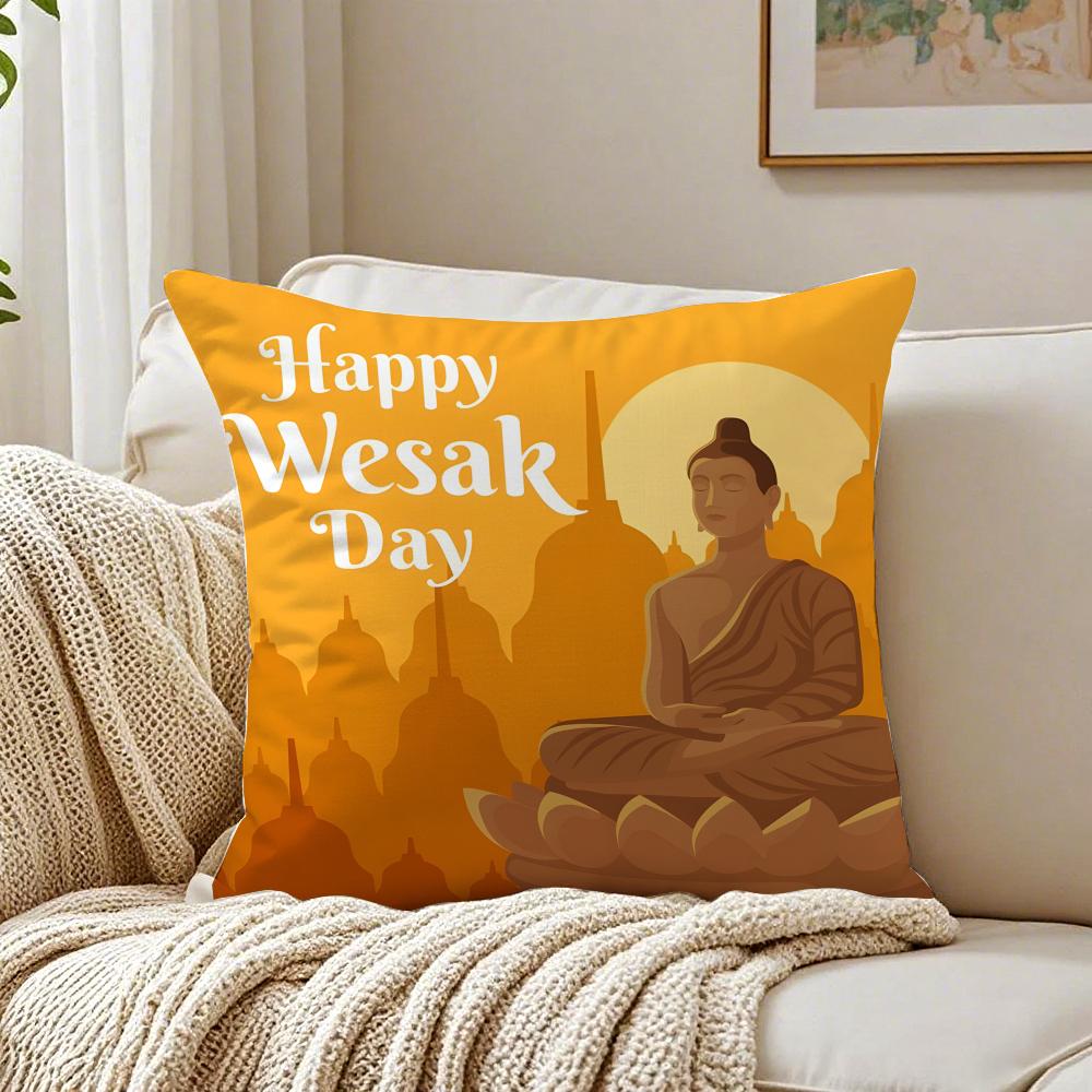 Daily Life V-Vesak Buddha'S Birthdays Cushion Cover Linen Pillowcase Soft For Sofa Bed Home Room Decor