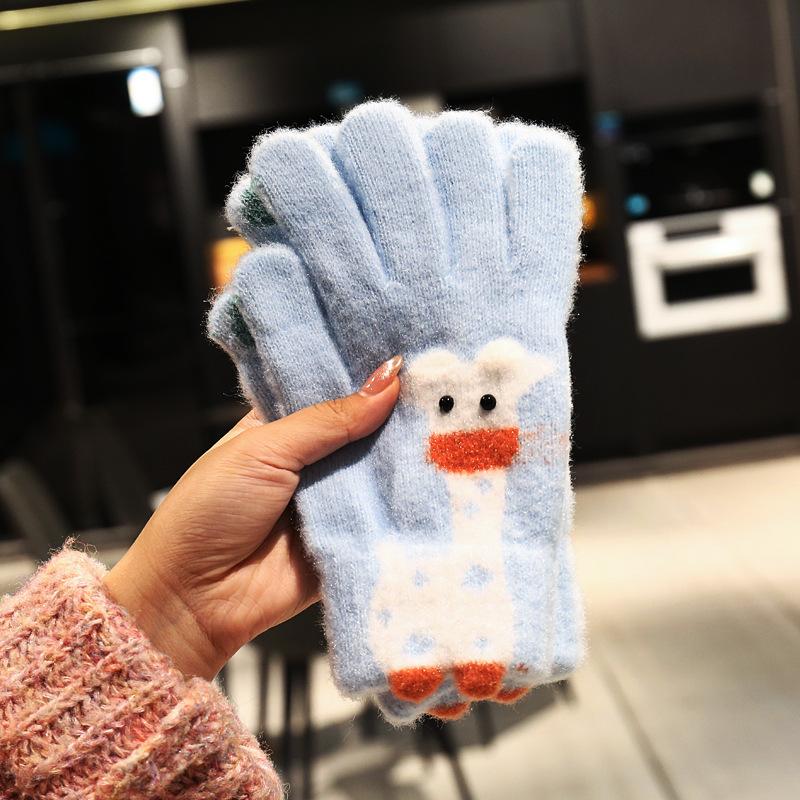 Cute giraffe blue knitted gloves female 2025 autumn and winter finger warm thickened velvet student riding