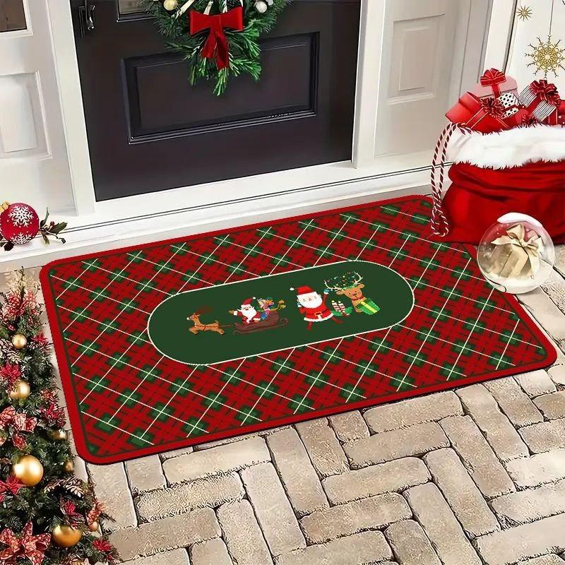 Christmas Checkered Pattern Carpet Mat Holiday Party Anti Slip Carpet Home Decoration Living Room Merry Christmas Train Foot Mat