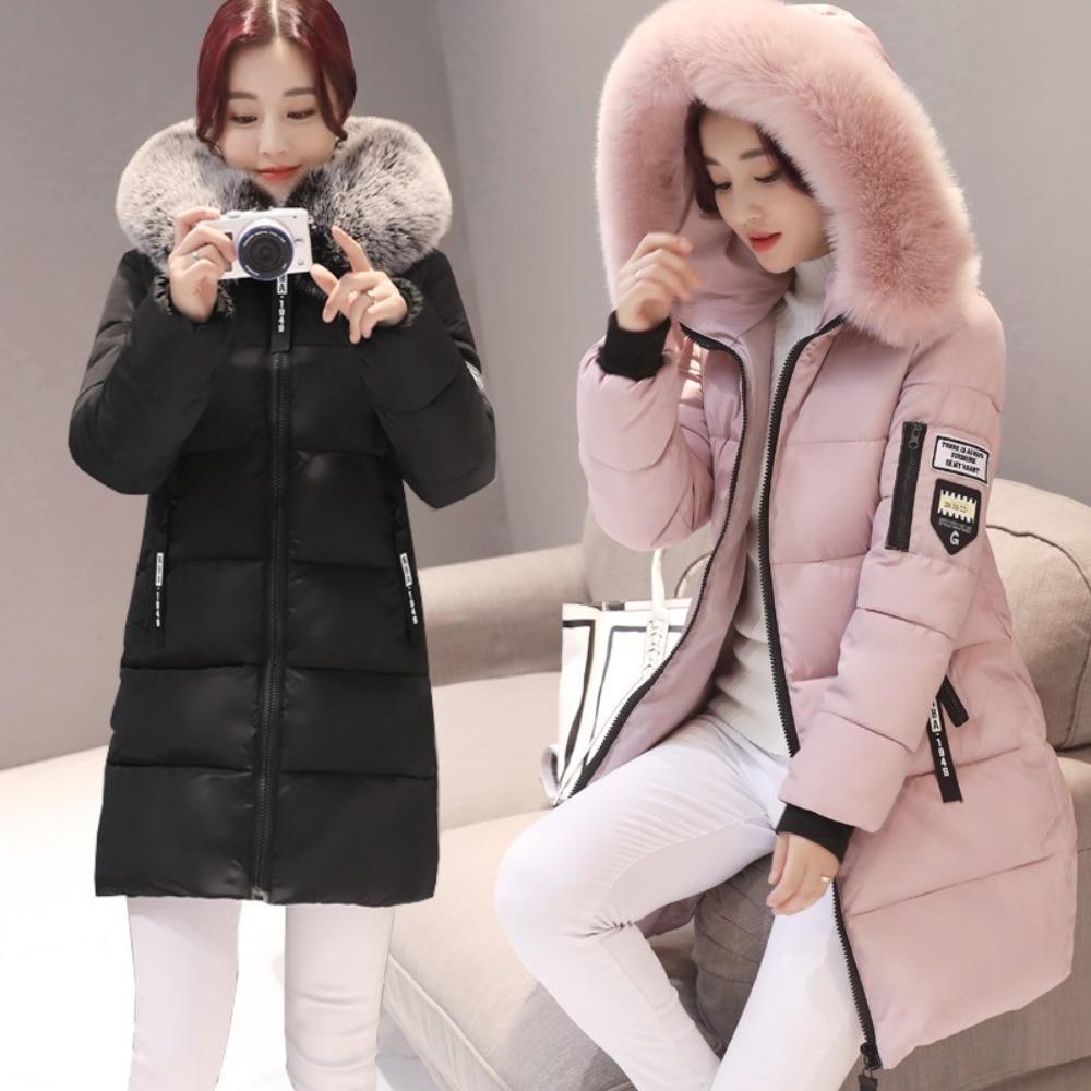Women Winter Fur Collar Hooded Parka Fashion Letter Patch Zipper Pockets Design Long Jacket Elegant Slim Warm Thick Female Coats