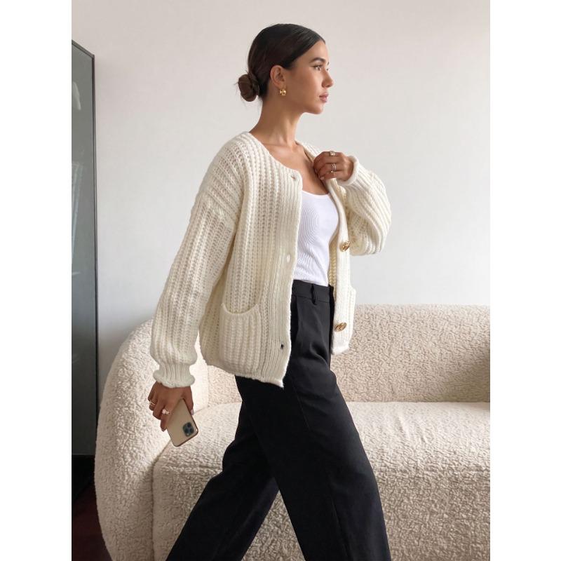 Women S Knitted Cardigan Round Neck Long Sleeve Button Front Lazy Style Sweater Coat