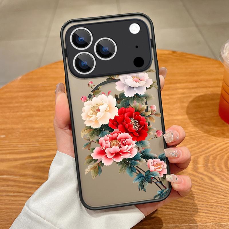 Translucent Matte Magnetic Case For iPhone 17 16 15 Pro 14 13 Pro Max 16e 17e For Magsafe Cartoon Flower Hard PC Phone Cover