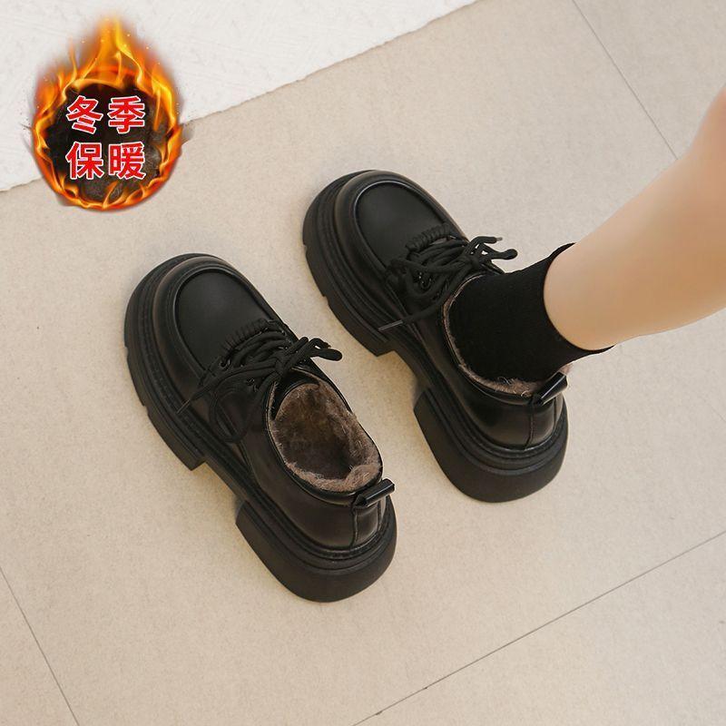 Lace-up British style small leather shoes for women's 2025 autumn and winter new retro velvet thick-soled heightening love single shoes