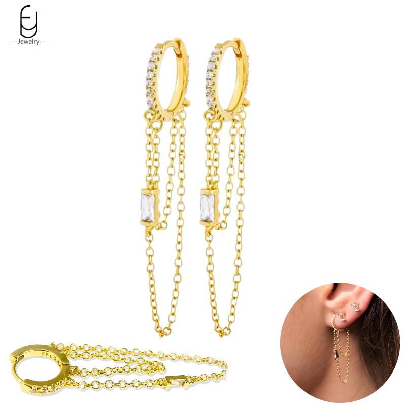 925 Silver Needle Vintage Gold Earrings Luxury Long Chain Tassel Crystal Hoop Earrings for Women Party Trend Jewelry